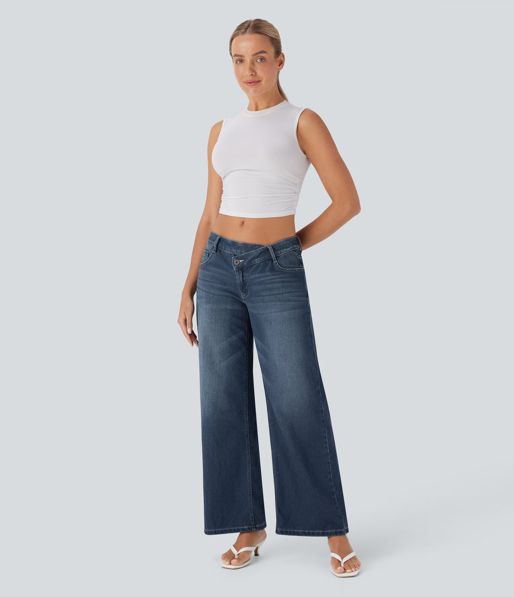 FlexTM Asymmetric Low Rise Zipper Pockets Baggy Wide Leg Washed Casual Jeans