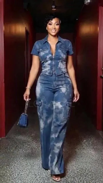 Denim Short Sleeeve Zipper Top Cargo Pants Casual 2pcs Set-Blue [Pre Order]