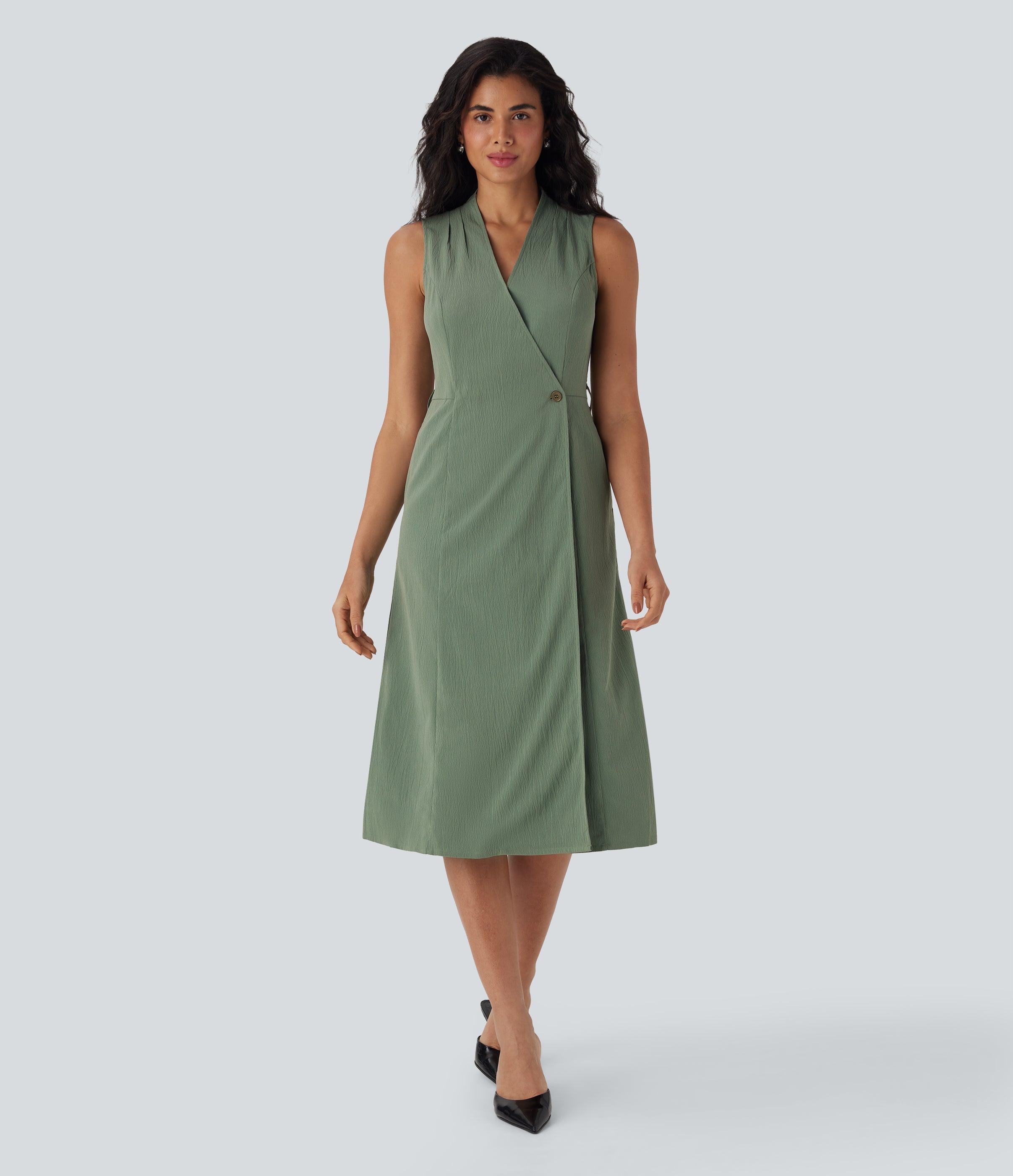 Anti-wrinkle V Neck Sleeveless Wrapped Belted Midi Travel Dress with Pockets