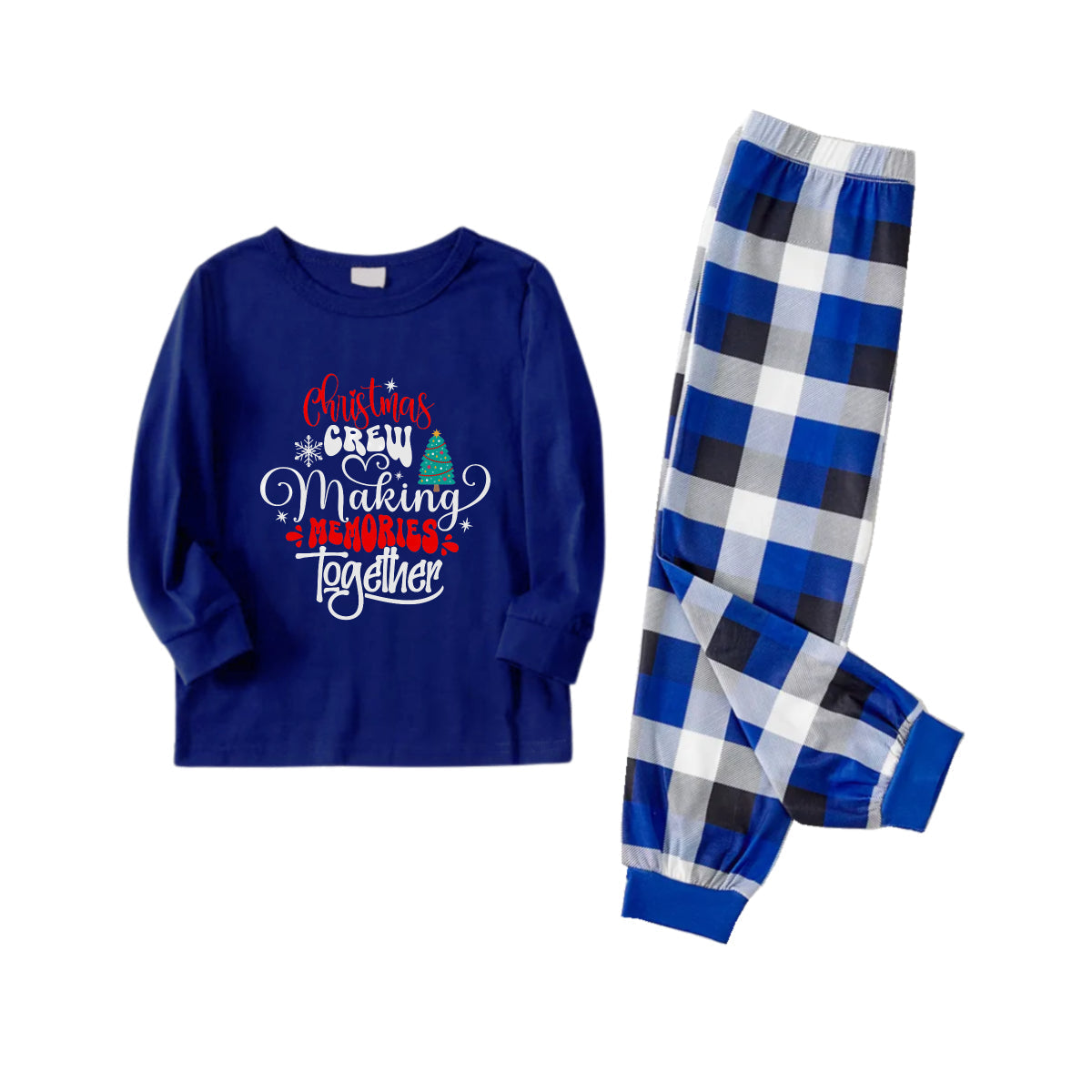 Christmas Family Matching Pajamas-Navy & White Plaid Pjs Set with "Christmas Crew Making Memories Together" Artistic Font Print