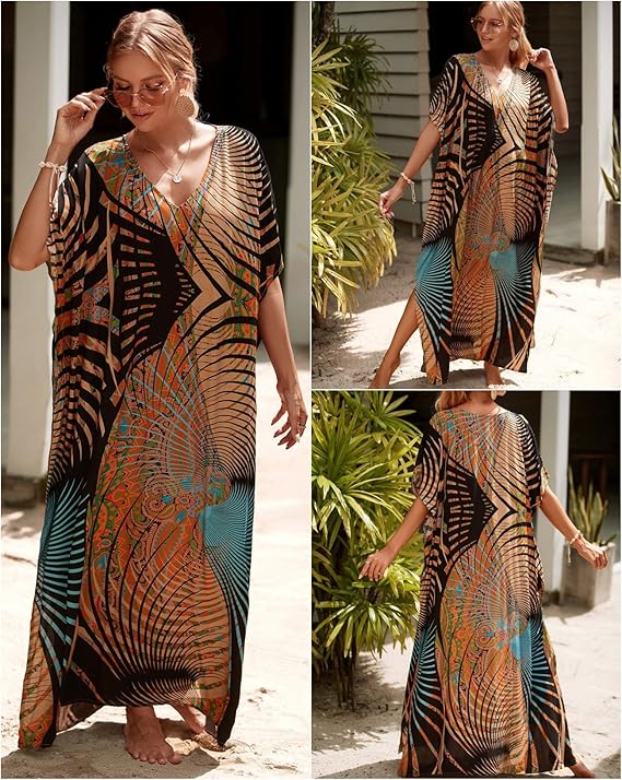 Abstract Geometric Colorful Illusion Pattern Maxi Kaftan Dress