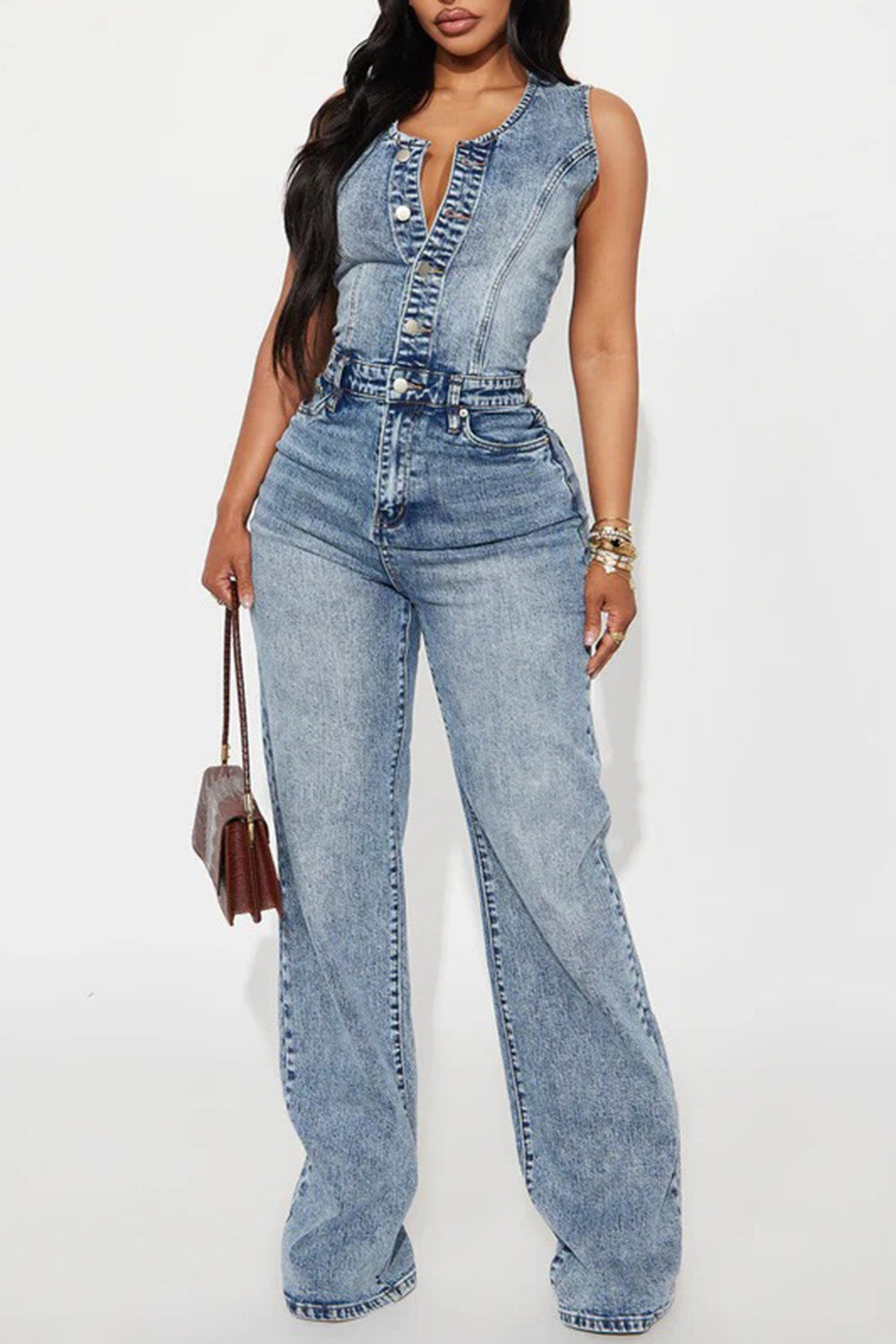 Sleeveless Single Breasted High Waist Straight Leg Washed Denim Jumpsuit-Blue