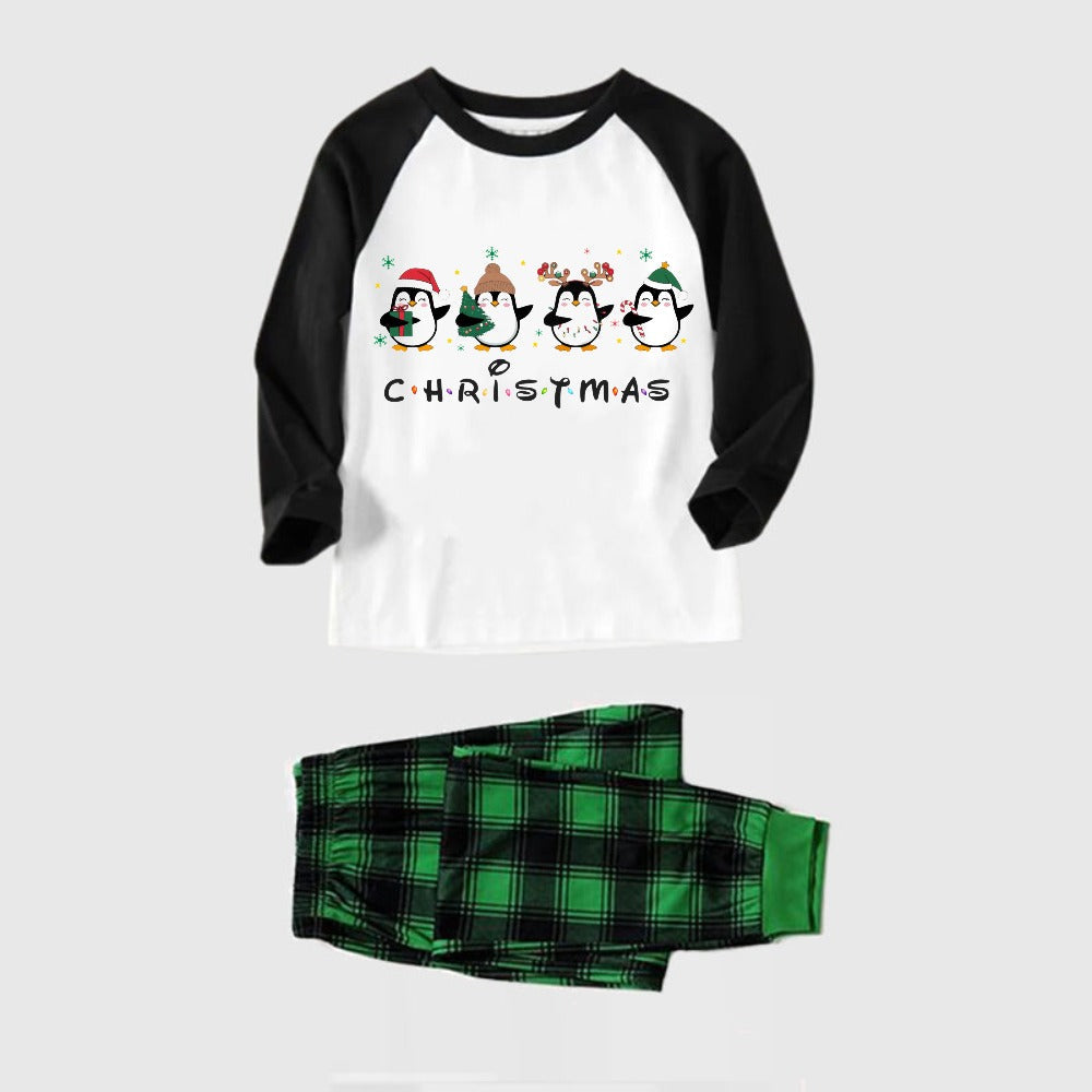 Black Raglan Top Green Plaid Christmas Pajamas Set With Penguin Print