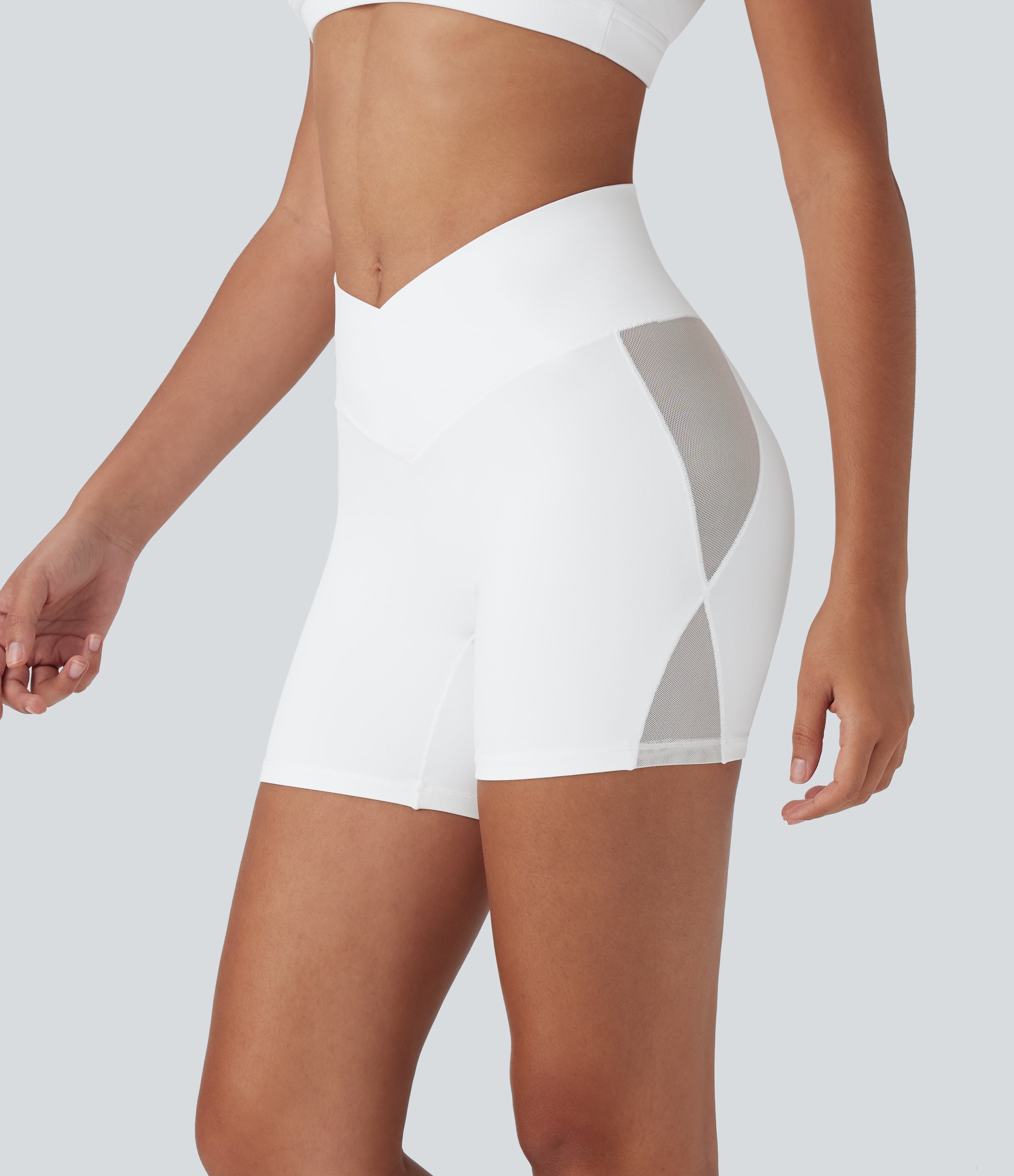 SoftlyZeroTM High Waisted Crossover Contrast Mesh Yoga Biker Shorts 5'' with Pocket-UPF50+