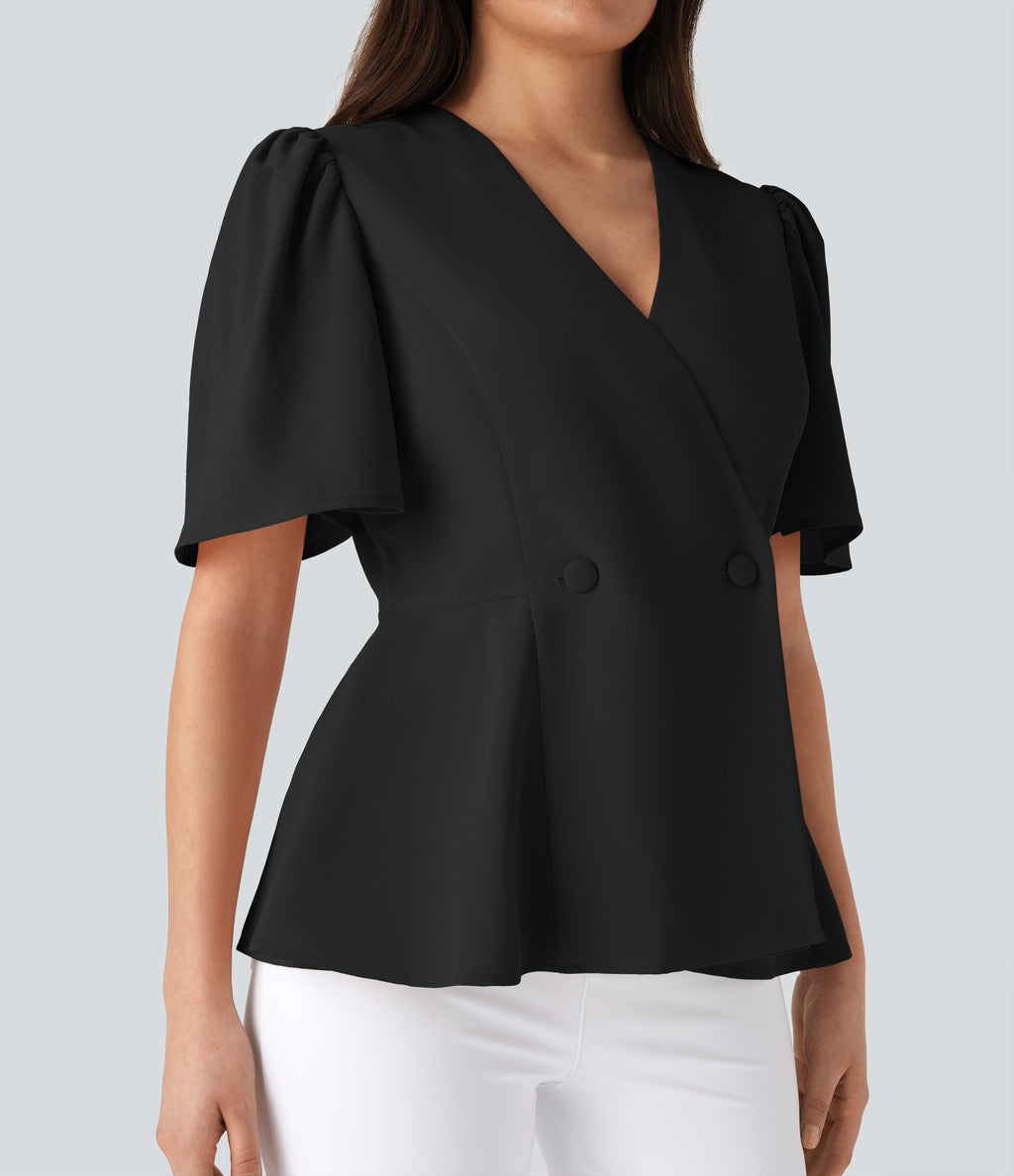 V Neck Short Sleeve Ruffle Hem Work Top