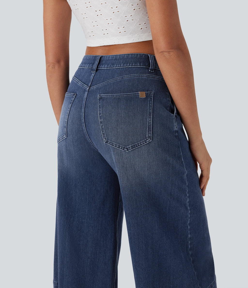 FlexTM Mid Rise Capri Wide Leg Washed Casual Jeans with Pockets