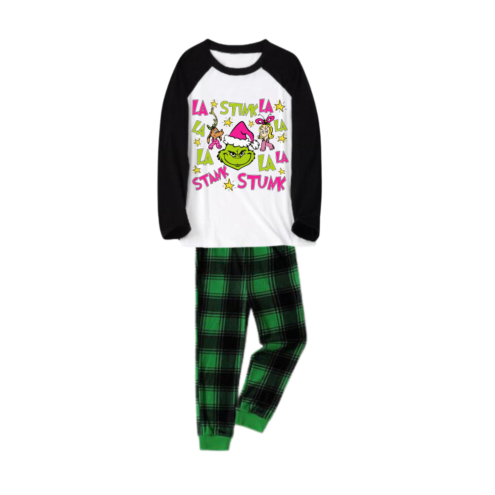Black Raglan Top Green Plaid Christmas Pajamas Set With Grinch and Holiday Text Print