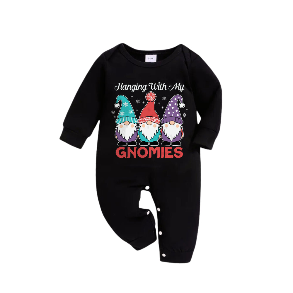 Christmas Family Matching Pajamas-Black Top and Green Plaid Pants Pjs Set with Gnome Family and Christmas Slogan Print