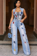 Denim Turndown Collar Top Wide Leg Pants Casual 2pcs Set-Blue [Pre Order]