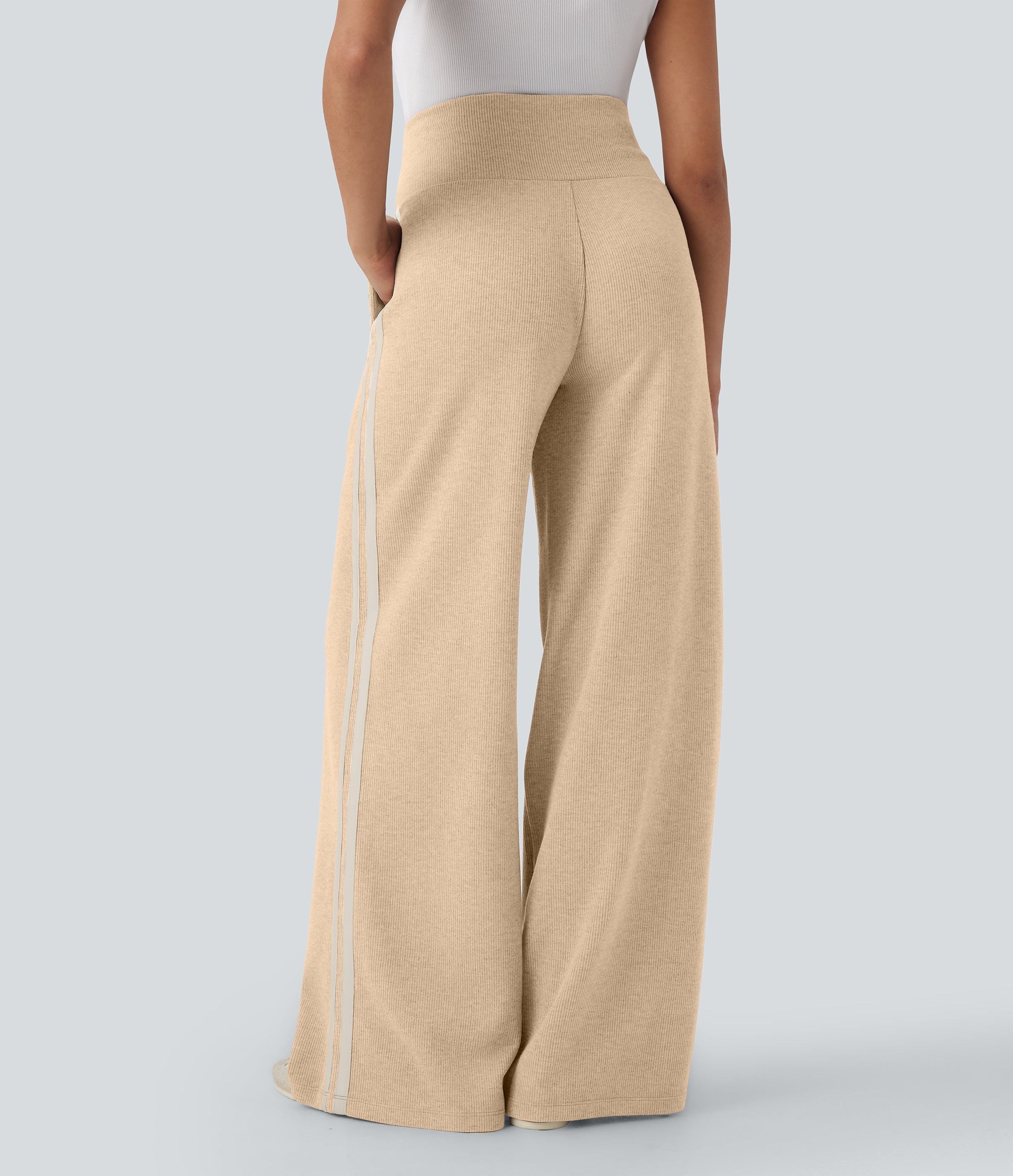 2026🔥 Ribbed SoCinched High Waisted Tummy Control Drawstring Wide Leg Color Block Casual Trousers with Pockets