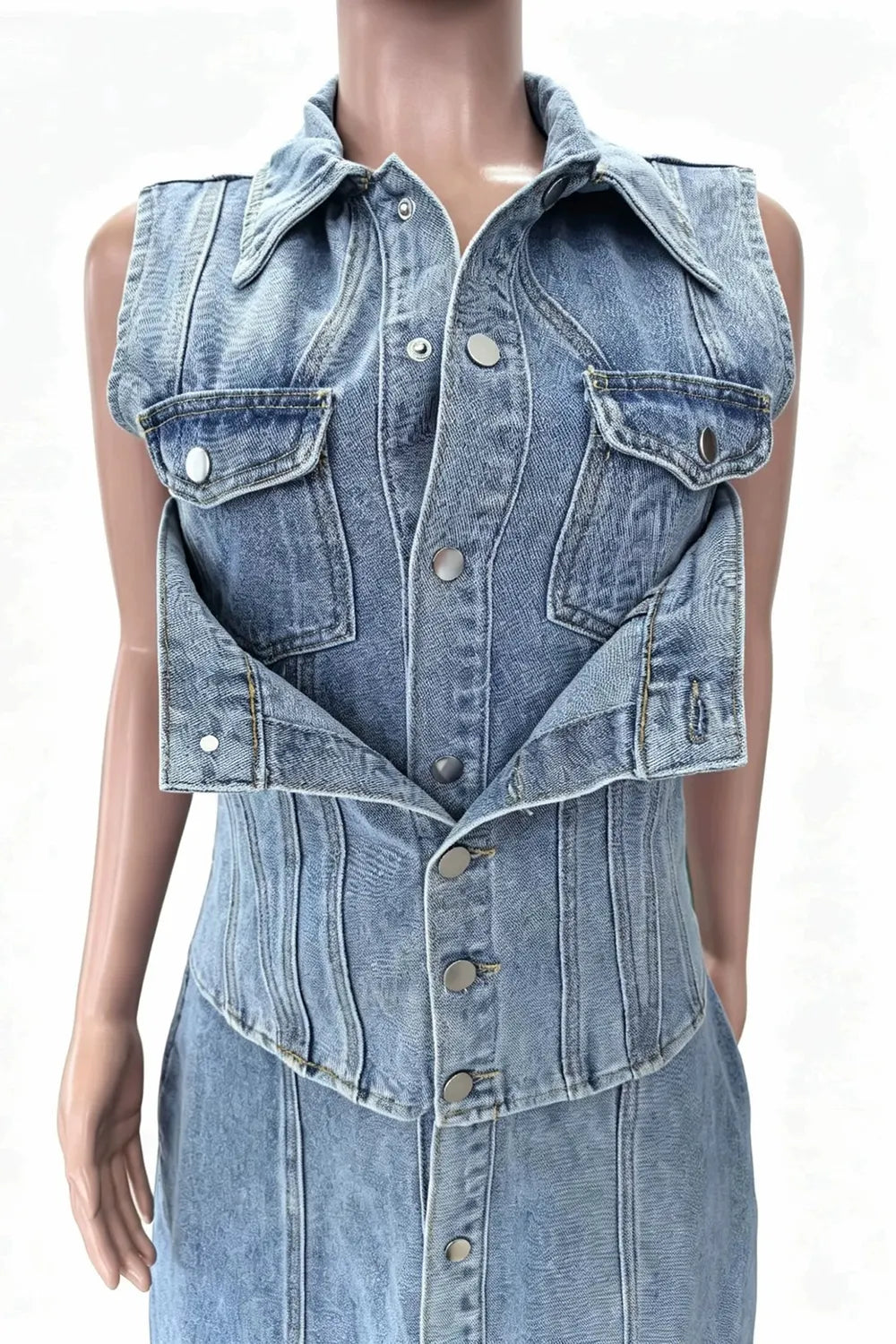 Denim Turndown Collar Sleeveless Slit Slim Fit Casual Maxi Dresses-Blue