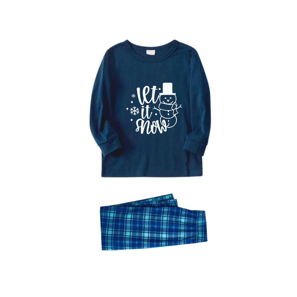 Christmas Family Matching Pajamas-Navy & Sky Blue Plaid Pjs Set with "Let It Snow" and Snowman Cartoon Print