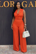 Notched Lapel Sleeveless Top High Waist Pants 2pcs Set-Orange