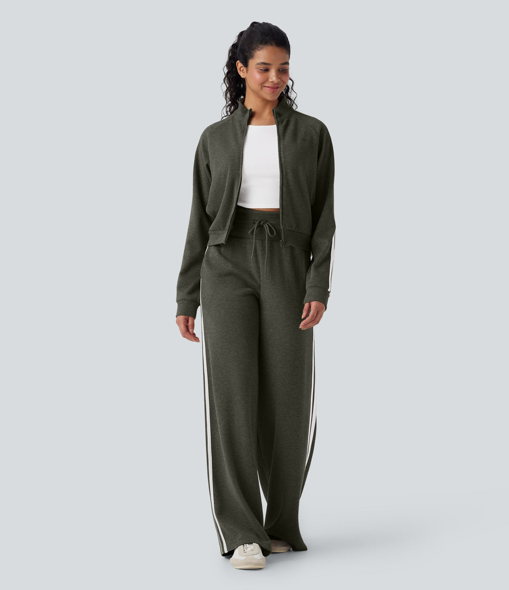 2026🔥 Ribbed SoCinched High Waisted Tummy Control Drawstring Wide Leg Color Block Casual Trousers with Pockets