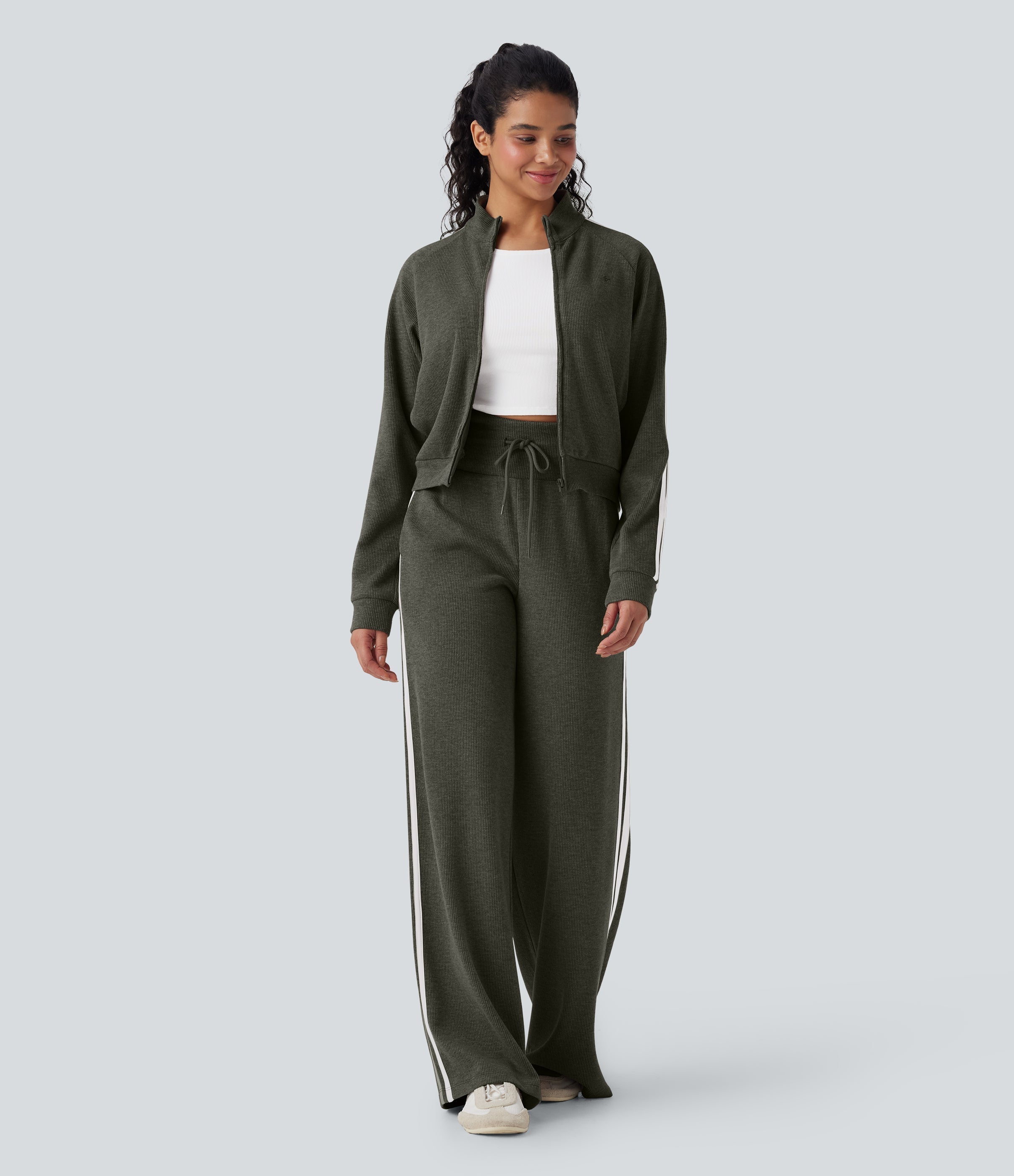 2026🔥 Ribbed SoCinched High Waisted Tummy Control Drawstring Wide Leg Color Block Casual Trousers with Pockets