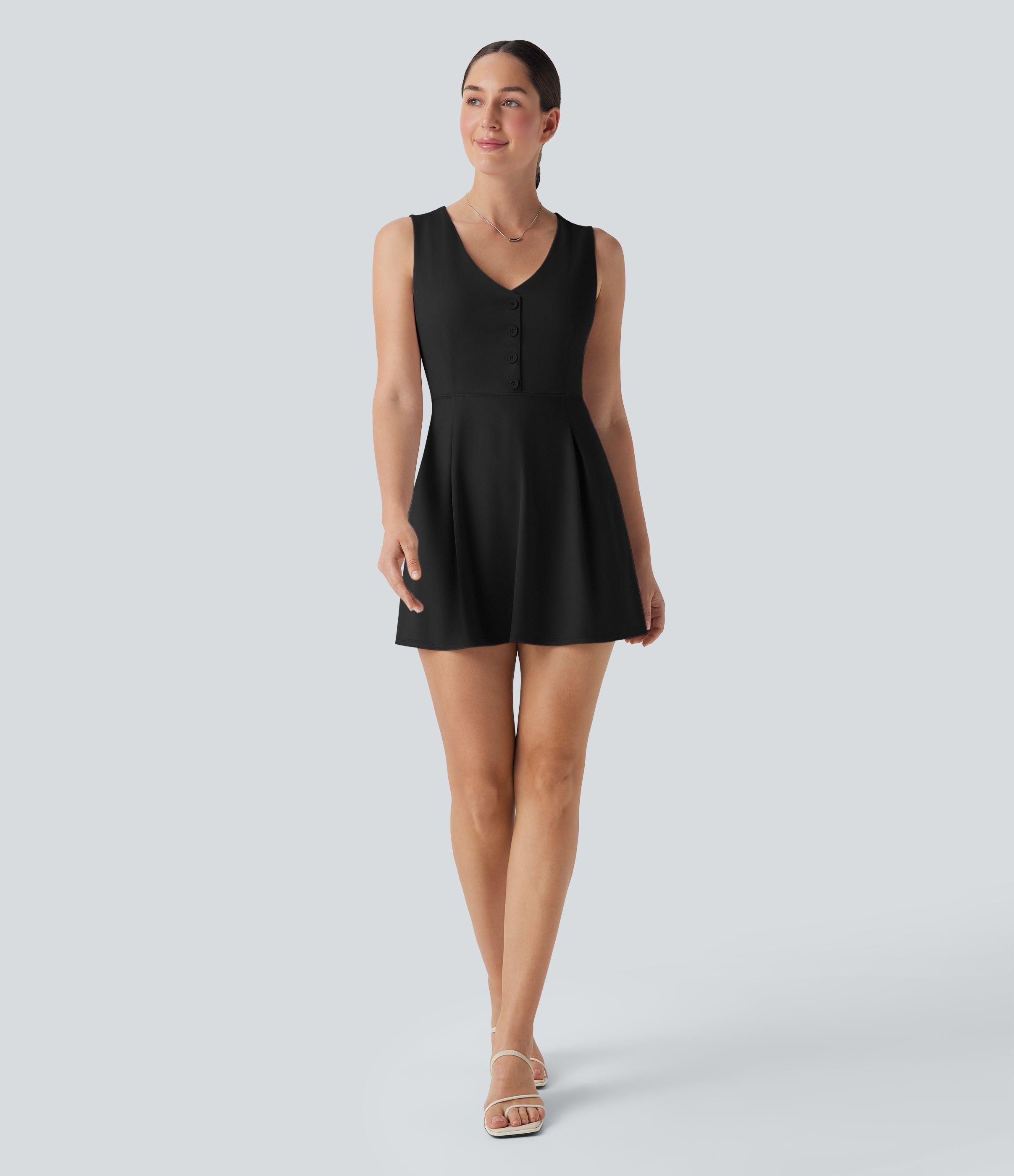 V Neck Sleeveless Decorative 2-Piece Mini Casual Dress with Pocket