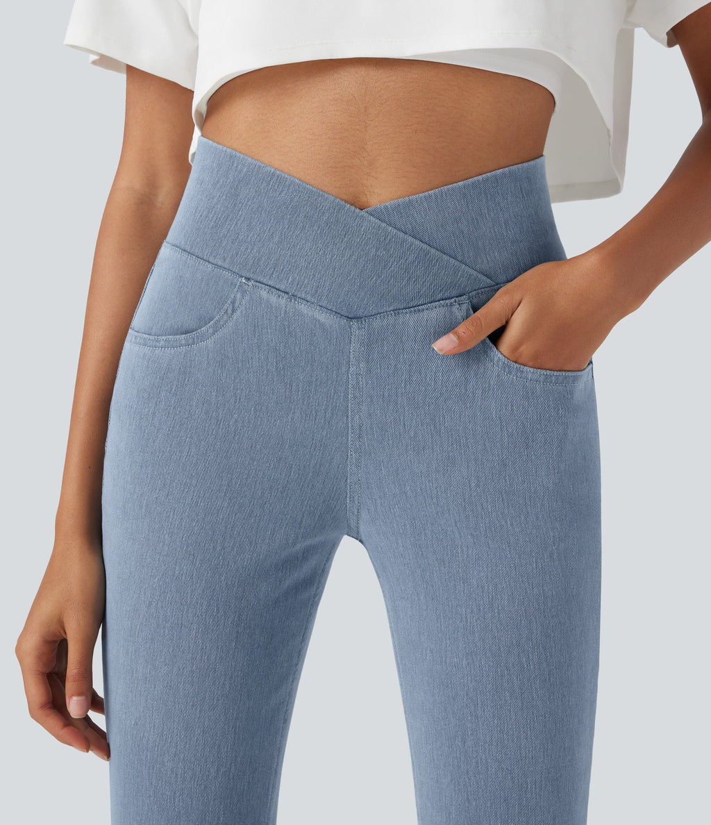 FlexTM Crossover High Waisted Denim Casual Capri Leggings with Pockets