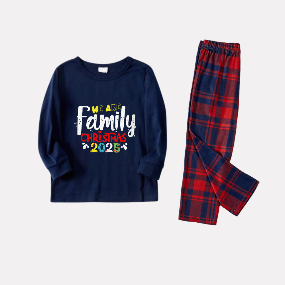 Christmas Family Matching Pajamas-Navy & Red Plaid Pjs Set with "We Are Family Christmas 2025" Colorful Slogan Print