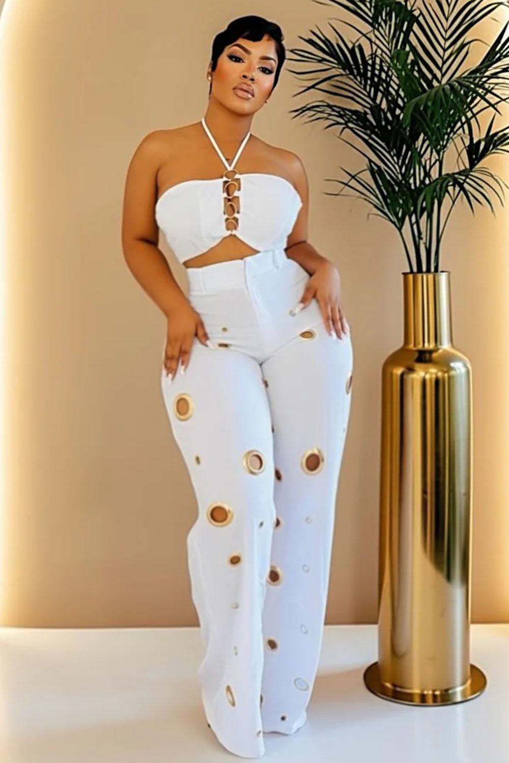 Halter Crop Top High Waist Hollow Pants Casual 2pcs Set-Yellow [Pre Order]