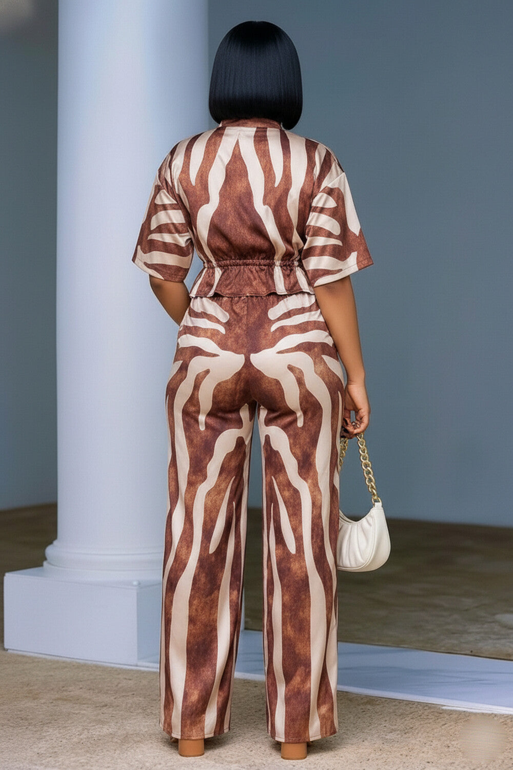 Stand-Up Collar Top Straight Leg Pants Casual 2pcs Set-Brown