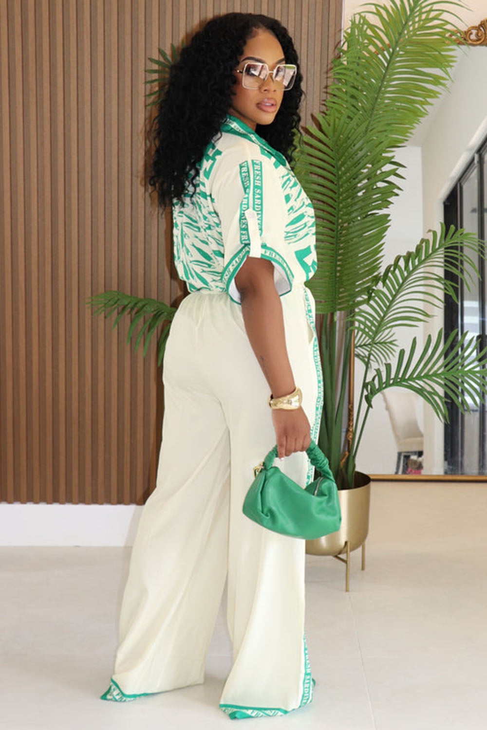 Placement Print Short Sleeve Blouse Wide Leg Pants 2pcs Set-Green