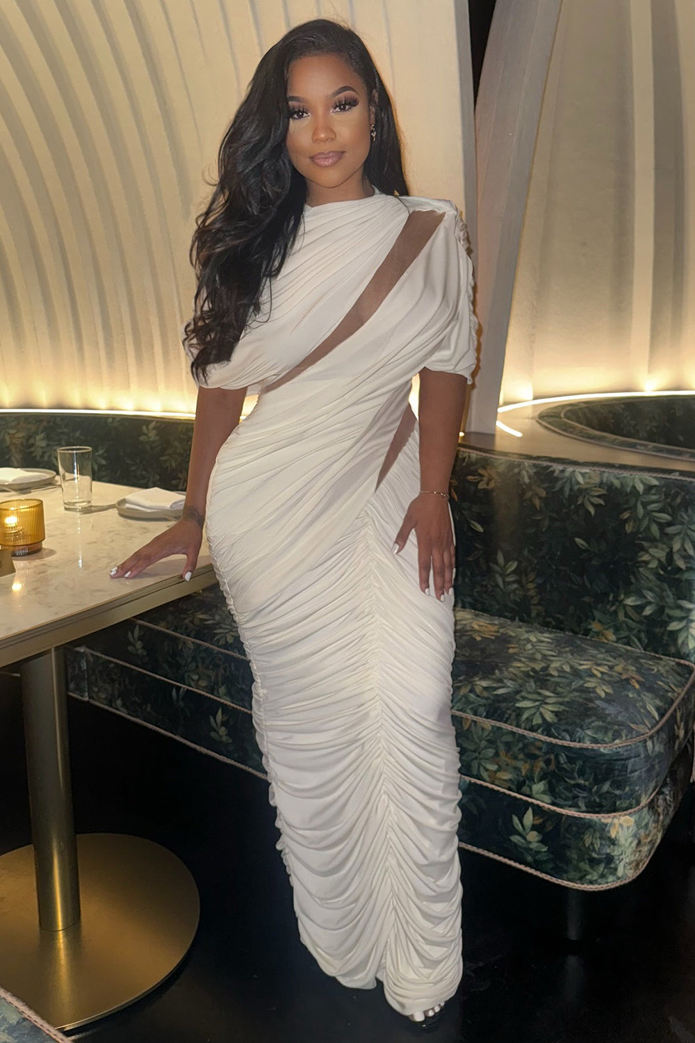 Round Neck 3D Ruched Mesh Cut Out Slim Gowns Maxi Dresses-White