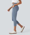 FlexTM Crossover High Waisted Denim Casual Capri Leggings with Pockets
