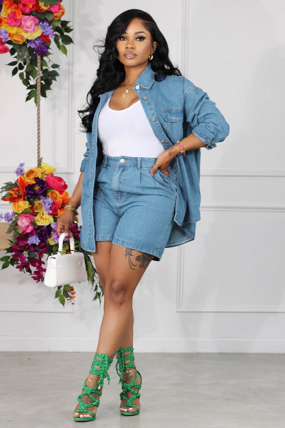 Denim Turndown Collar Long Sleeve Jacket Shorts Solid Color 2pcs Set-Blue