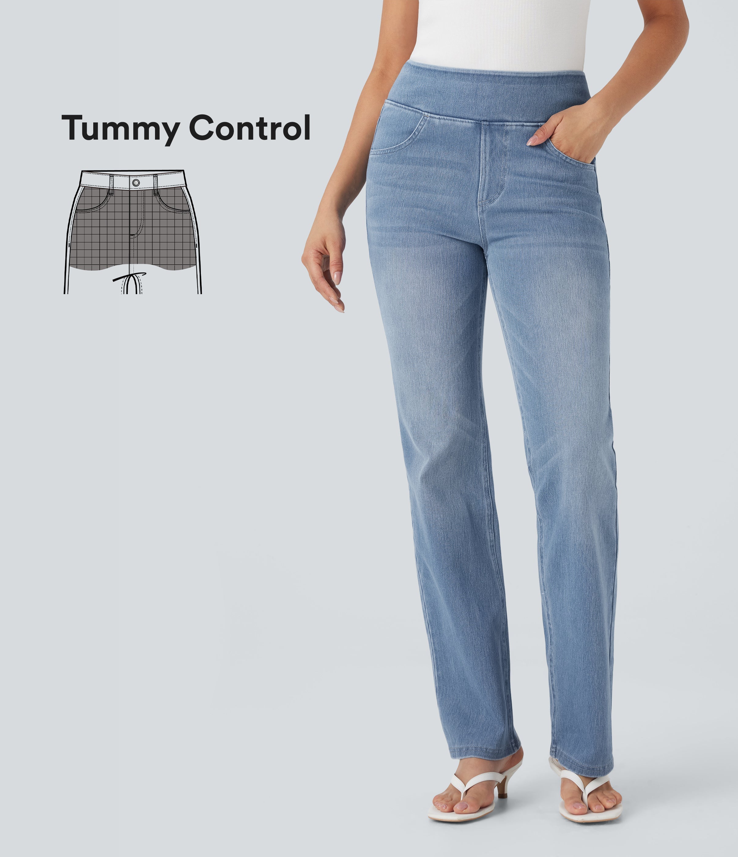 FlexTM High Waisted Tummy Control Washed Casual Bootcut Jeans with Pockets