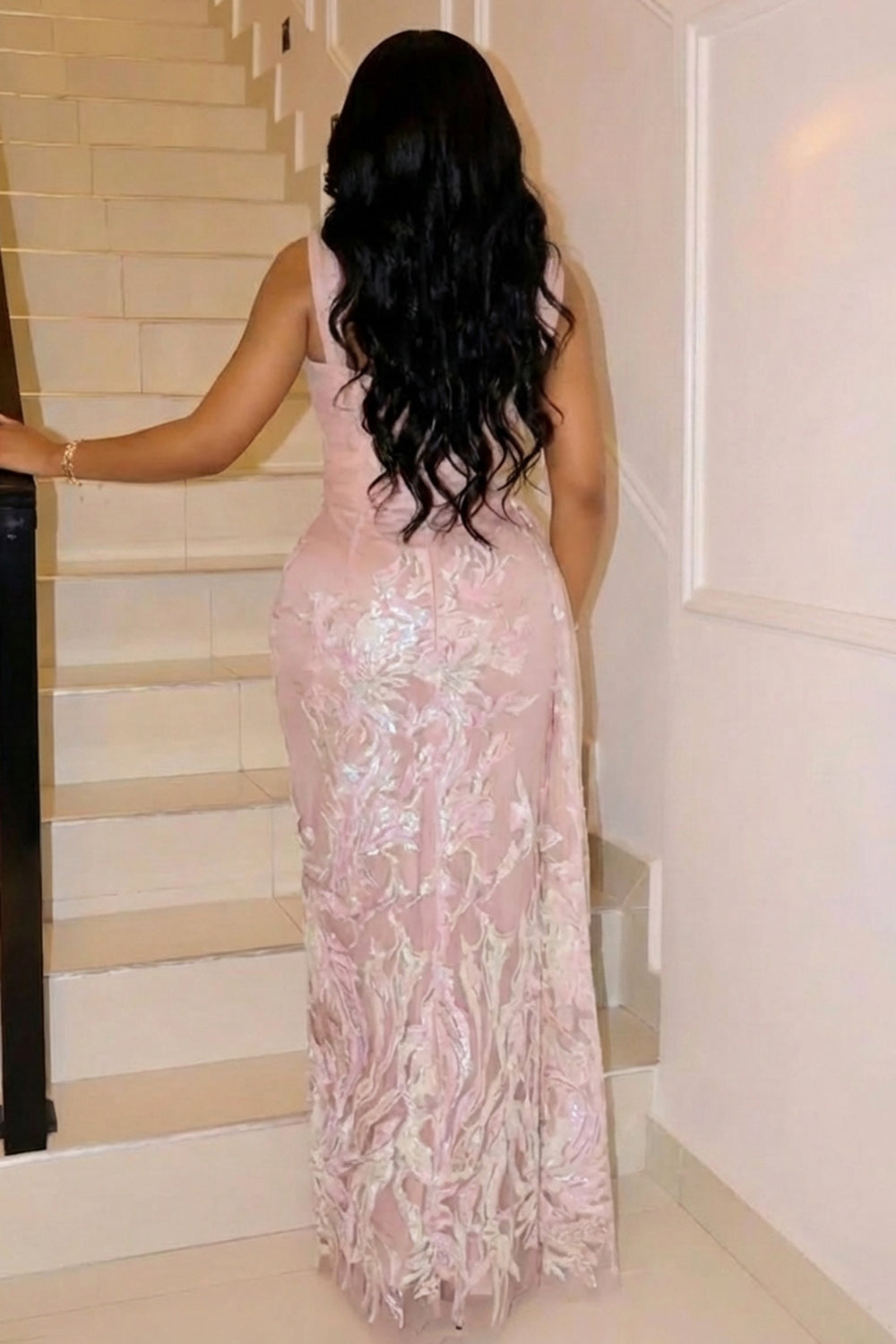 Mesh Wide Straps Cinch Waist Slim Fit Gowns Maxi Dresses-Pink