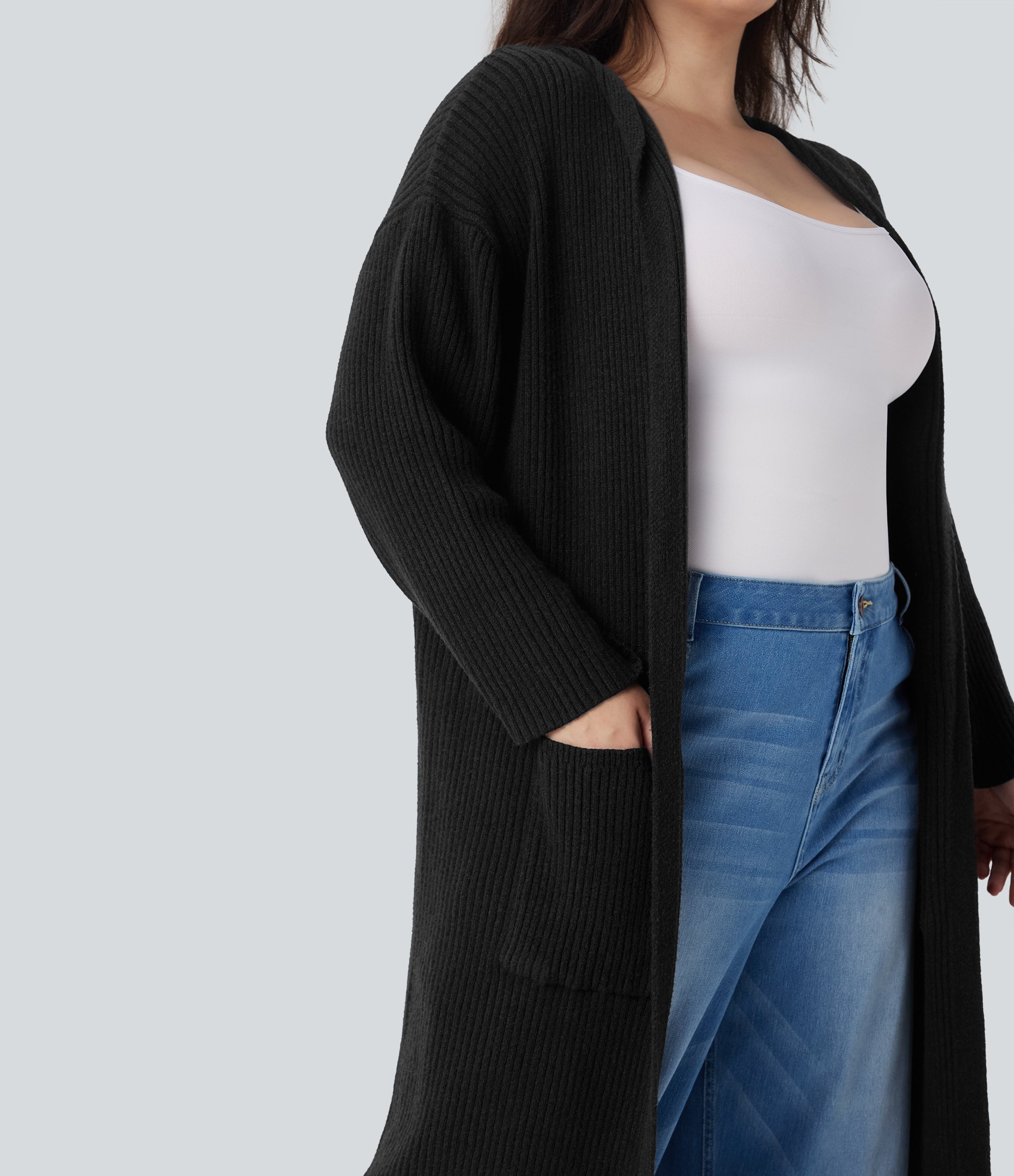 Hooded Long Sleeve Pocket Longline Casual Plus Size Cardigan