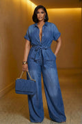 Turndown Collar Short Sleeve Tie Up Wide Leg Casual Jumpsuit-Blue