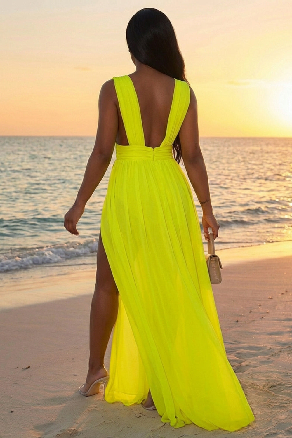 Deep V Neck Cinch Waist Slit Mesh Loose Fit Maxi Dresses-Green