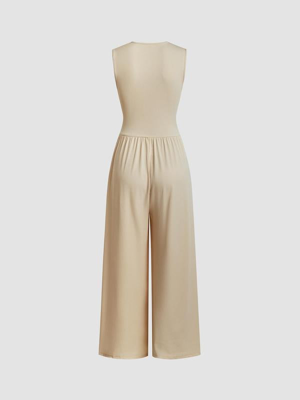 2026 Women's new jumpsuit with pockets Plain Ruched V Neck Ribbed Tank Jumpsuit, Summer Outfits 2025, Elegant Sleeveless Wide Leg Jumpsuit for Women for Vacation Holiday Party, Ladies Summer Clothes