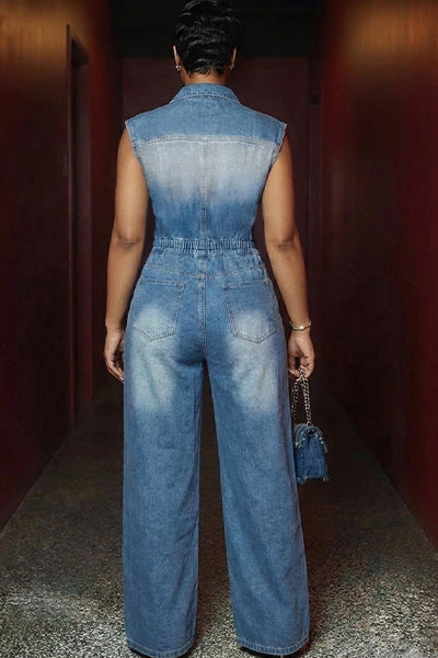 Sleeveless Button Front Cinch Waist Flare Leg Denim Jumpsuit-Blue