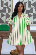 V Neck Puff Sleeve Striped Loose Fit Casual Mini Dresses-Green