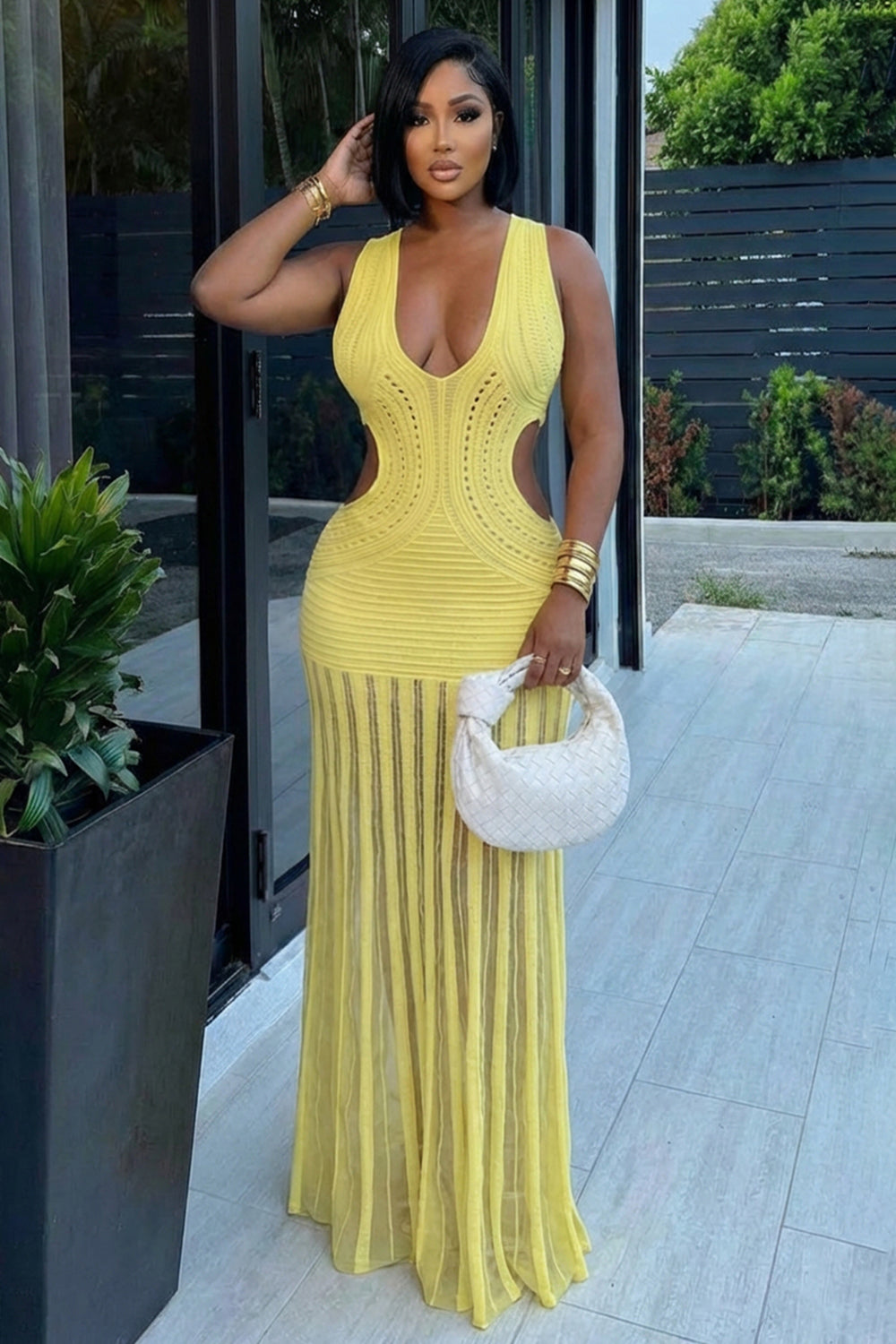 Deep V Neck Cut Out Sleeveless Mesh Bodycon Maxi Dresses-Yellow