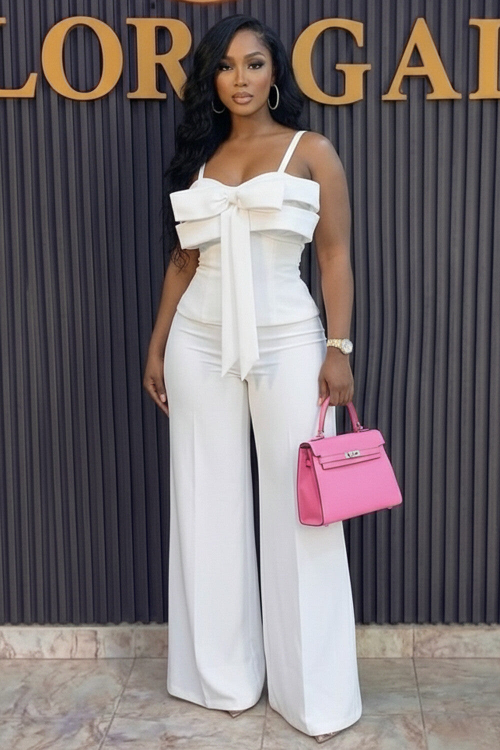 Cami Neck Sleeveless Bow Decor Solid Color Casual Jumpsuit-Pink
