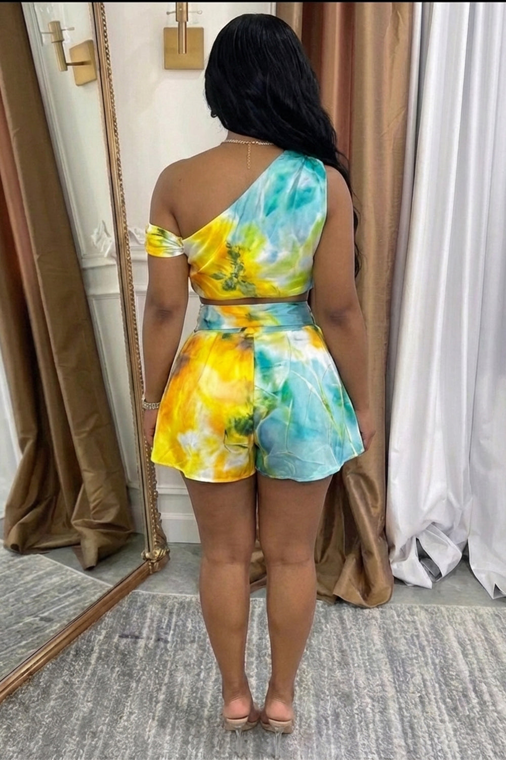 One Shoulder Top High Waist Shorts Casual 2pcs Set-Multicolor
