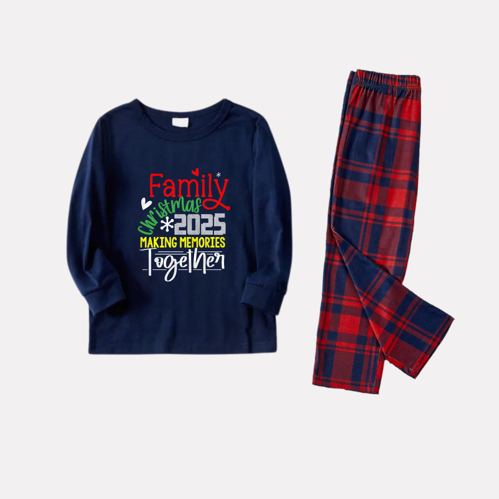 Christmas Family Matching Pajamas-Navy & Red Plaid Pjs Set with "Family Christmas 2025 Making Memories Together" Slogan Print