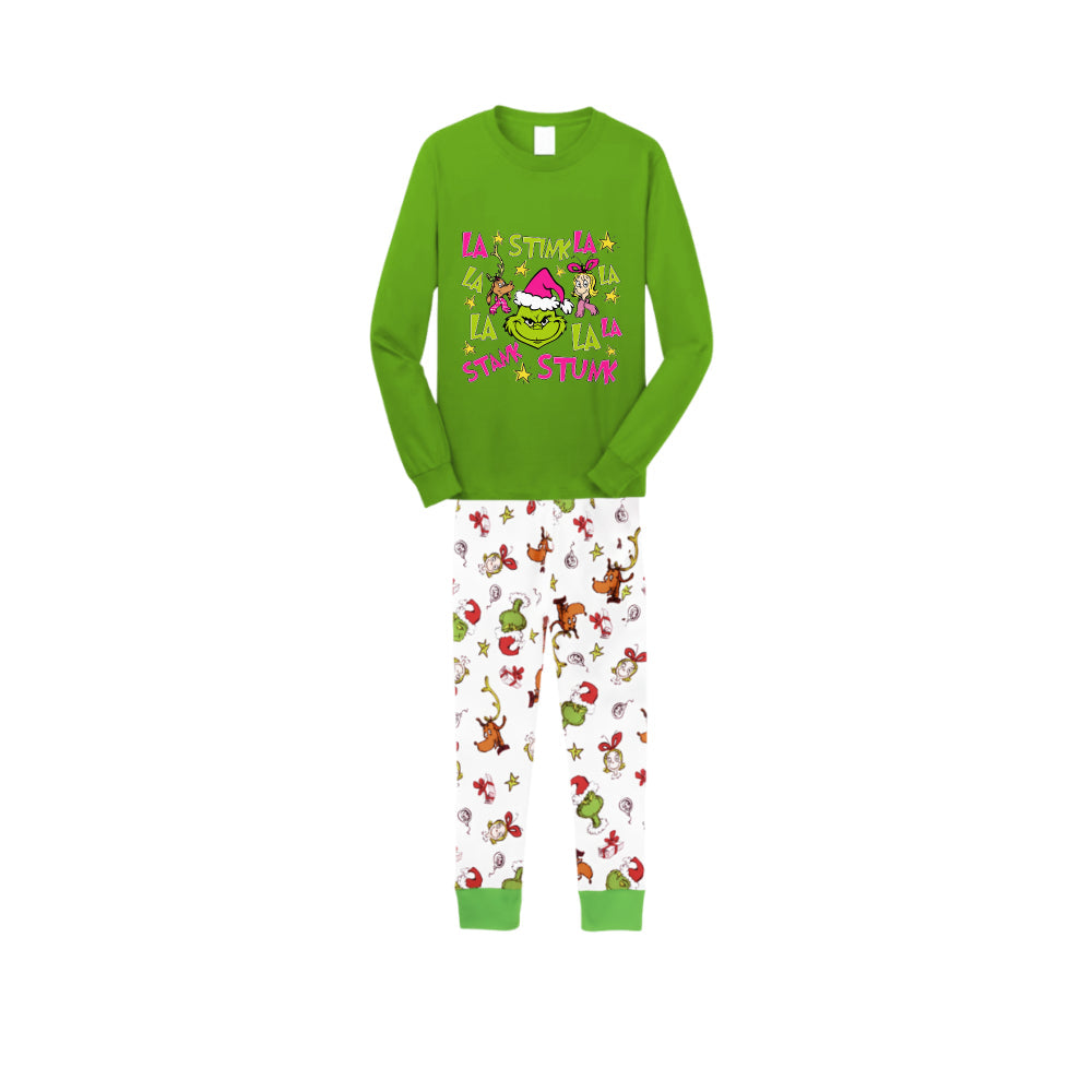 Christmas Family Matching Pajamas-Green Top and Grinch Pants Pjs Set with Grinch Pattern Print