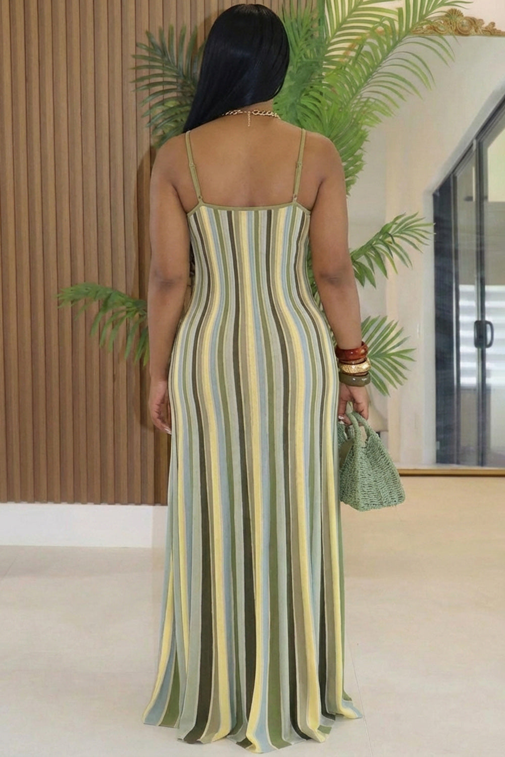 Spaghetti Strap Cinch Waist Striped Casual Maxi Dresses-Green