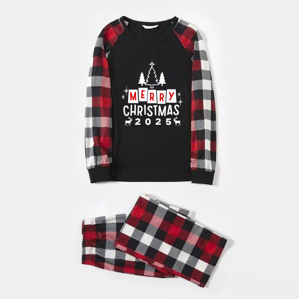 Christmas Family Matching Pajamas-Red and Gray Plaid Pjs set with “Merry Christmas” Print