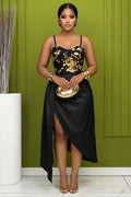 Spaghetti Strap Floral Ruched Sash Satin Gowns Midi Dresses-Black