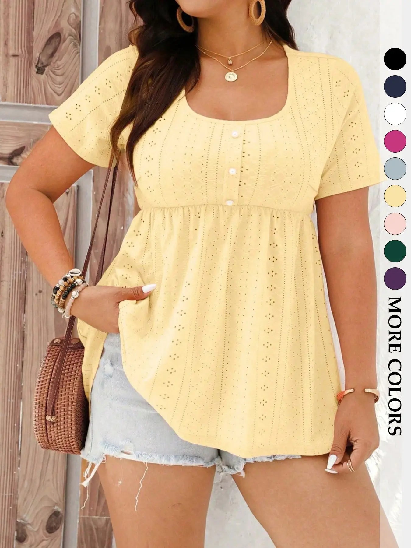 Women's Plus Size Babydoll Shirts Eyelet Peplum Top Short Sleeve Scoop Neck Pearl Button Casual Blouse Flowy Tummy Control Summer Boho Trendy