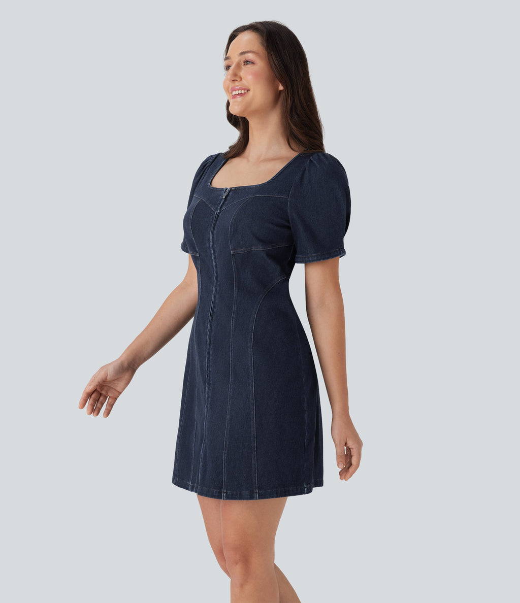 FlexTM Square Neck Short Sleeve Zipper Denim Mini Casual Dress