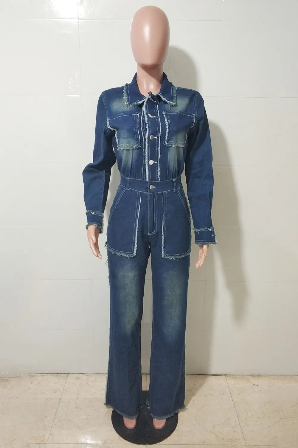 Turndown Collar Raw Trim Long Sleeve Multi-Pocket Denim Jumpsuit-Blue