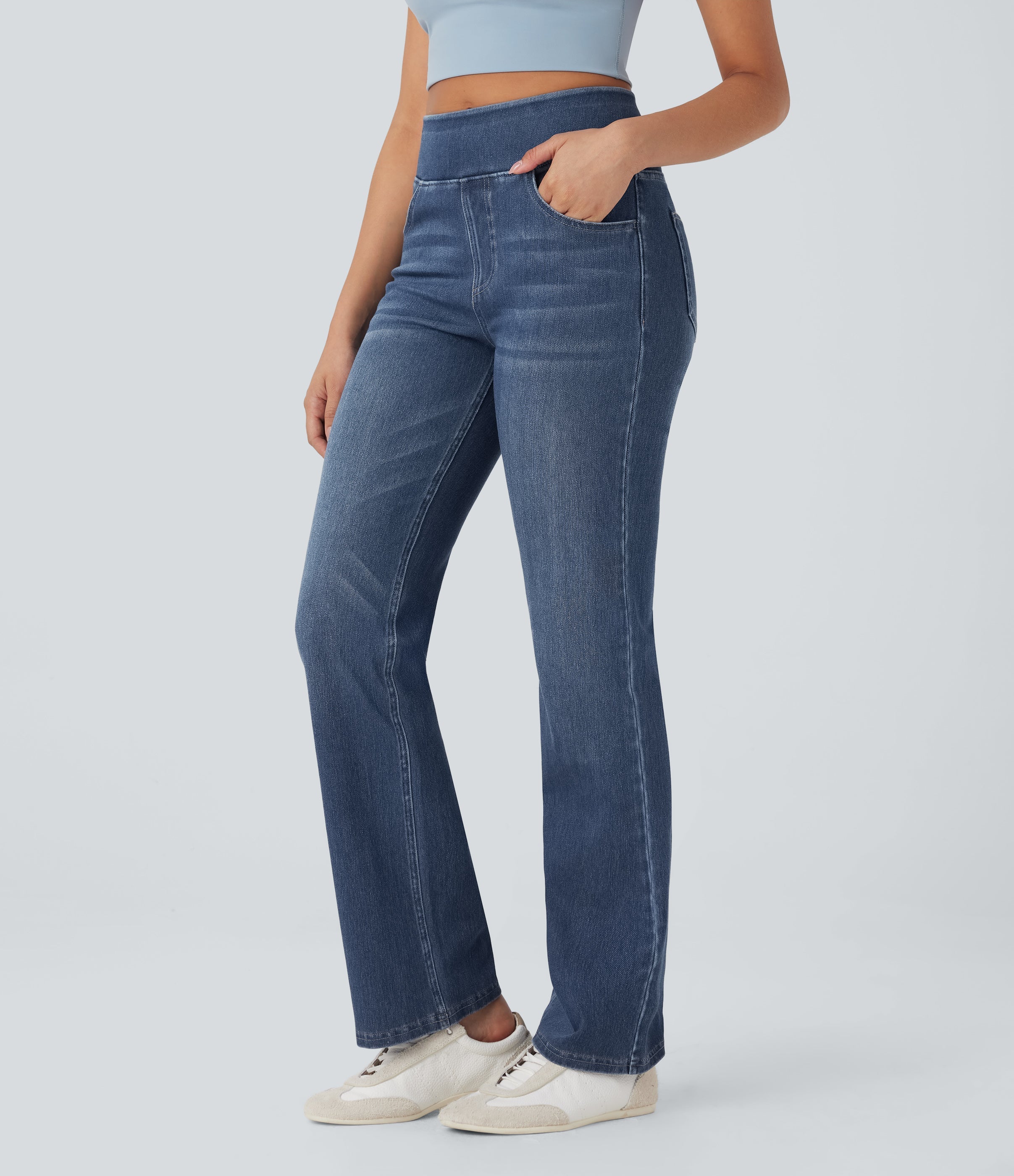 FlexTM High Waisted Tummy Control Washed Casual Bootcut Jeans with Pockets