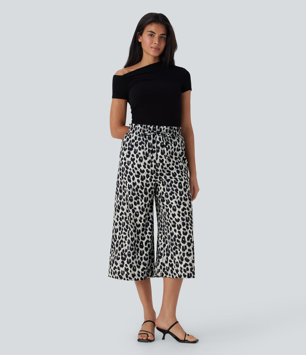 High Waisted Drawstring Leopard Print Wide Leg Capri Casual Pants with Pockets
