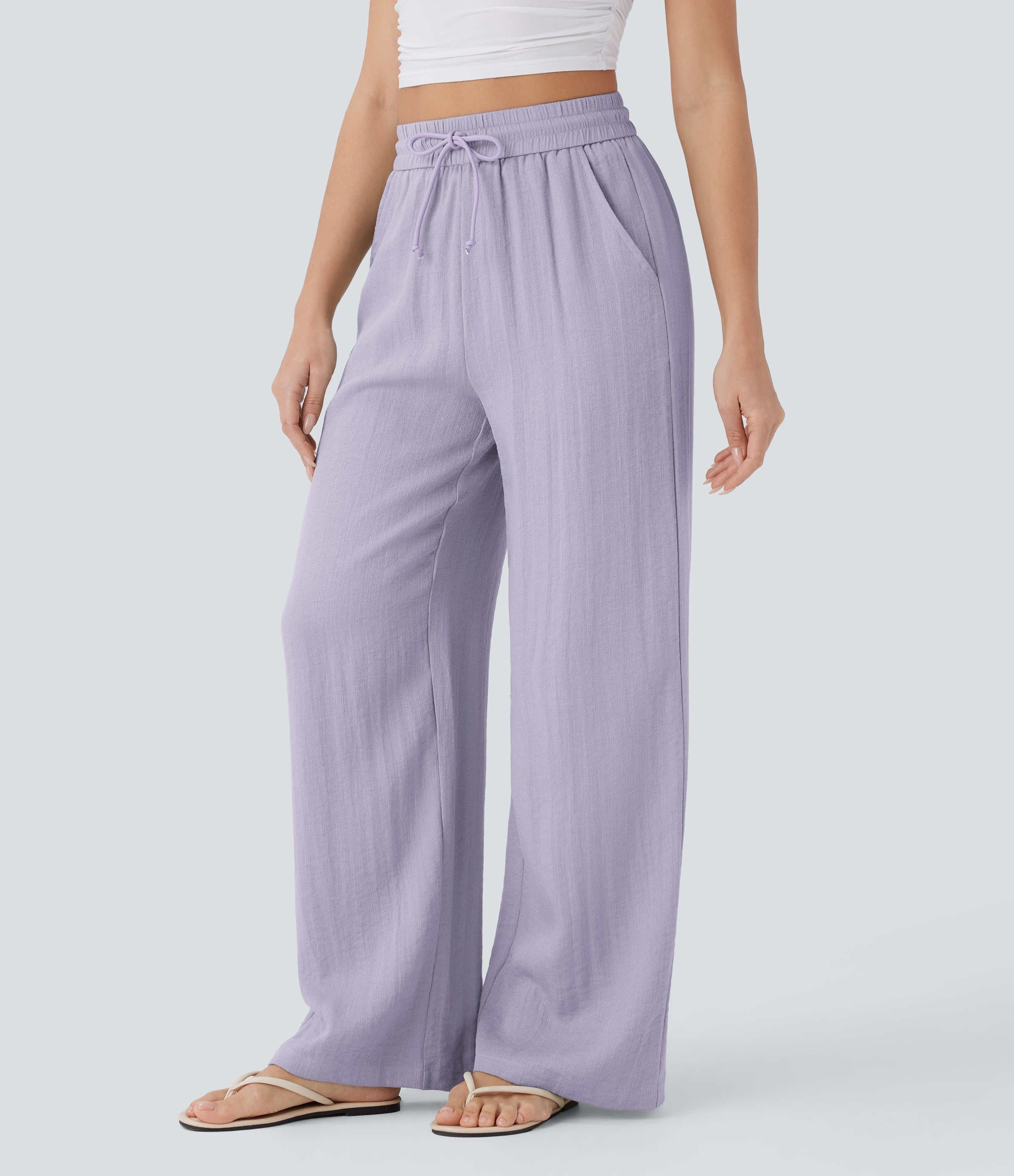2026🔥 High Waisted Drawstring Pocket Wide Leg Casual Linen-Feel Pants